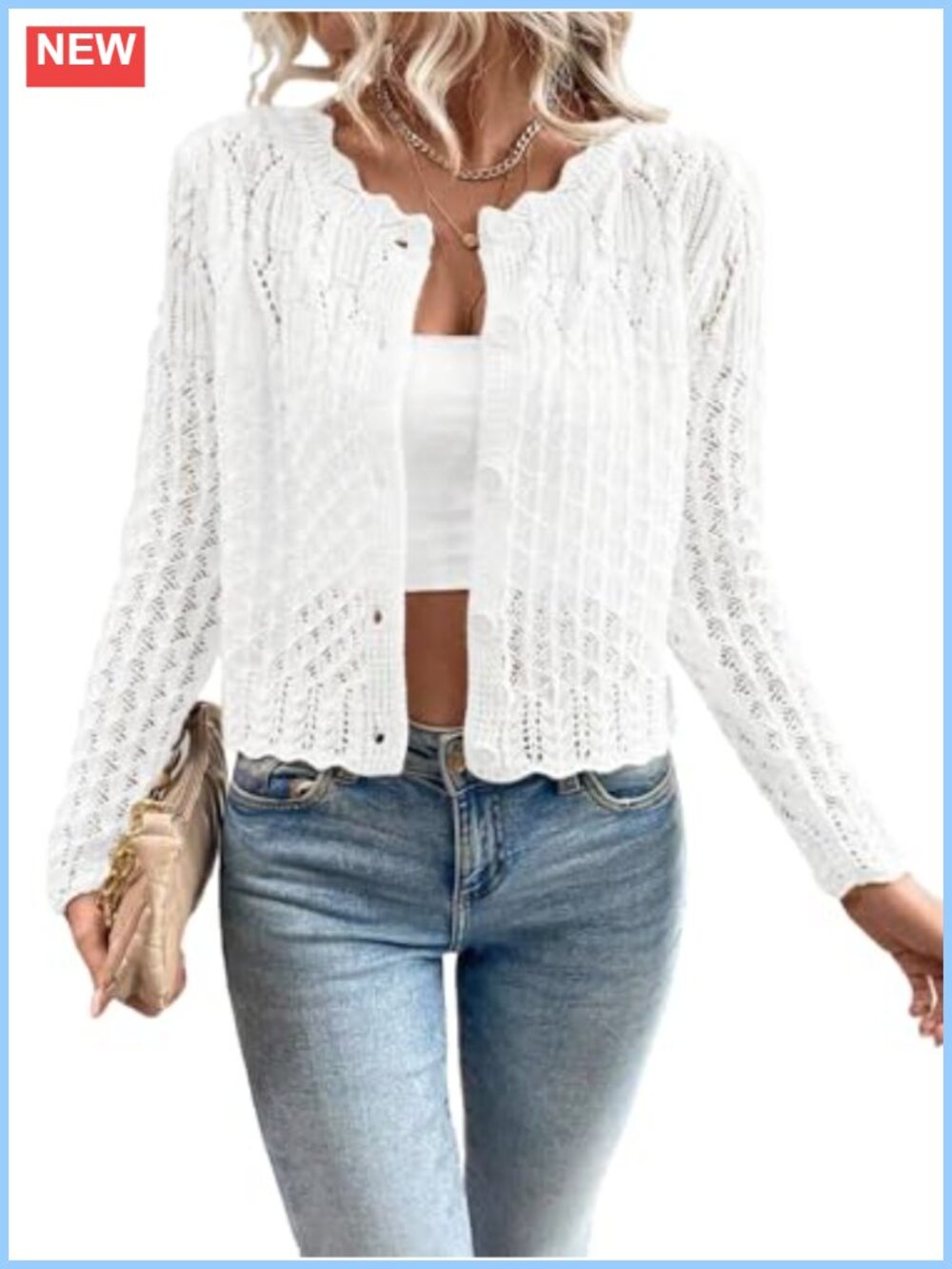 Hollow Out Knit Cardigan Scalloped Crewneck Cropped Button Front Fall Sweater